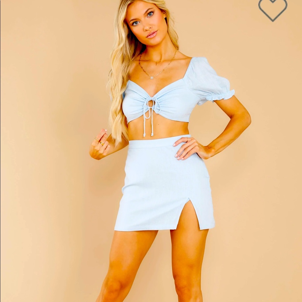 Sky blue crop top and mini skirt set